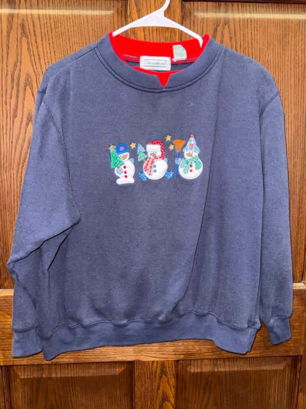 Navy Blue Crewneck Sweater with Snowman Embroidery